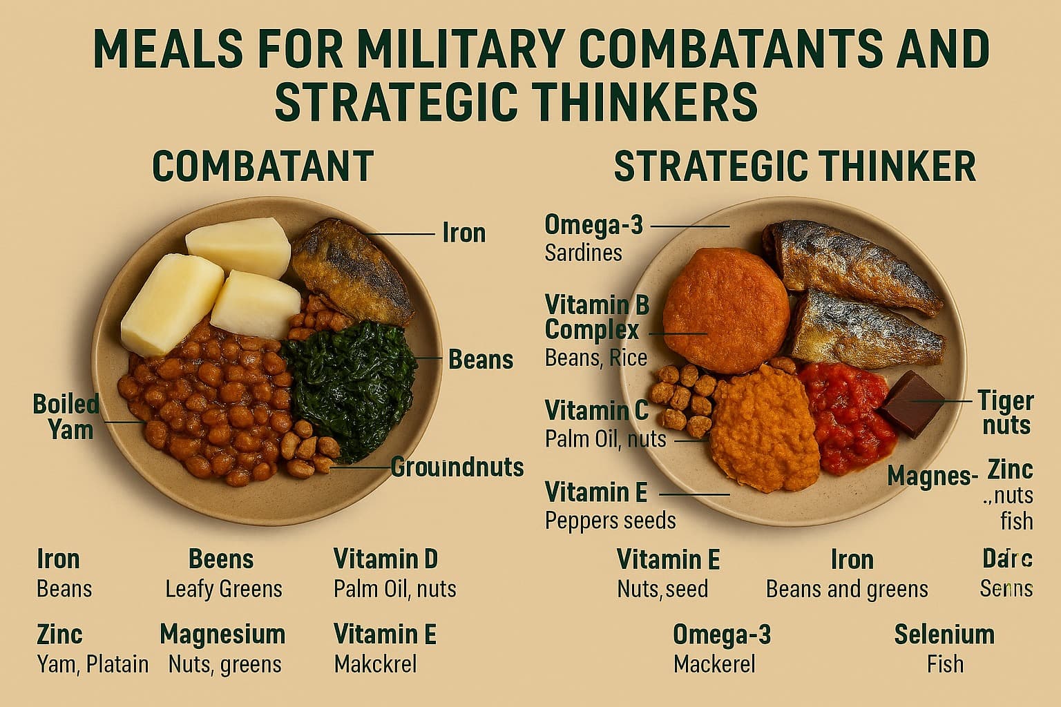 Educational infographic comparing nutritional meal compositions for combatants and strategic thinkers