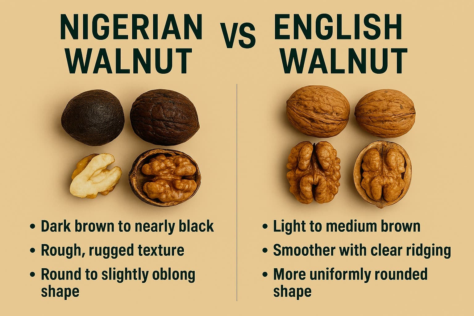 Educational infographic comparing Nigerian walnut and English walnut