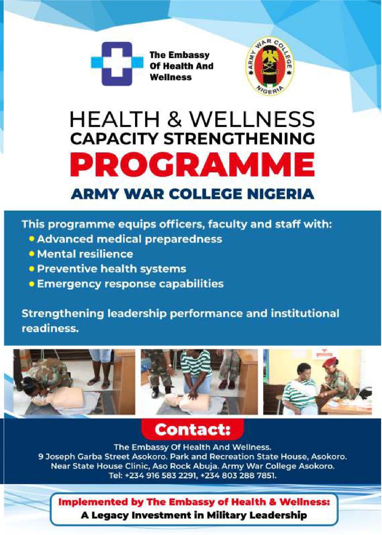 Officers practising emergency first-aid response techniques during the Health & Wellness Capacity Strengthening Programme at the Army War College Nigeria